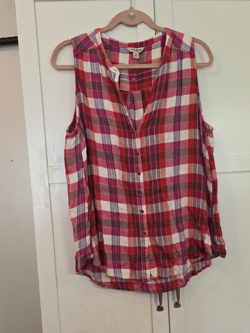 Lucky Brand Red and White Plaid Sleeveless Button-Front Top